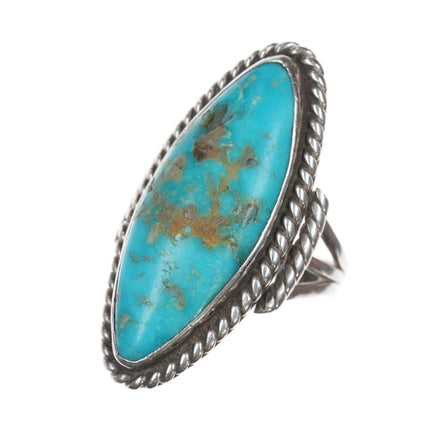 sz10 Vintage Navajo silver long ring with turquoise twisted wire border - Estate Fresh Austin