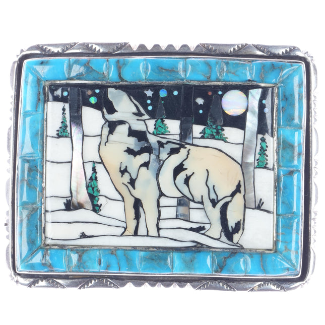 David R Freeland Jr Sterling, Turquoise wolf inlay belt buckle