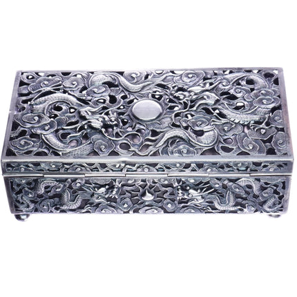 c1900 Large Antique Chinese Silver Wang Hing pierced dragon box - Estate Fresh Austin