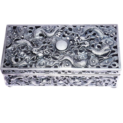 c1900 Large Antique Chinese Silver Wang Hing pierced dragon box - Estate Fresh Austin
