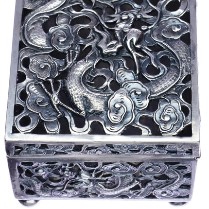 c1900 Large Antique Chinese Silver Wang Hing pierced dragon box - Estate Fresh Austin