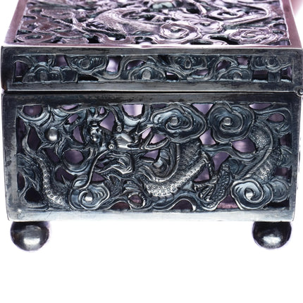 c1900 Large Antique Chinese Silver Wang Hing pierced dragon box - Estate Fresh Austin
