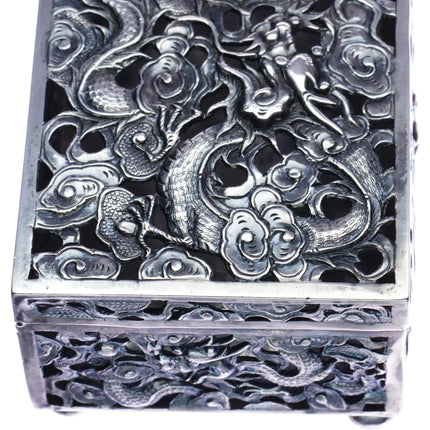c1900 Large Antique Chinese Silver Wang Hing pierced dragon box - Estate Fresh Austin