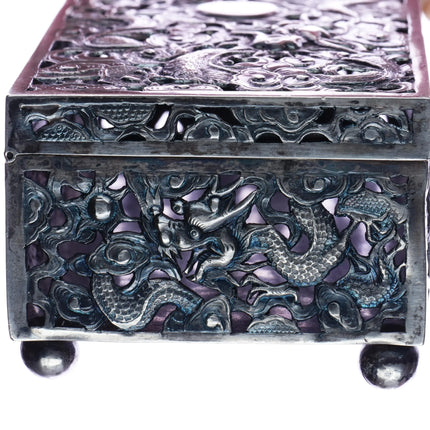 c1900 Large Antique Chinese Silver Wang Hing pierced dragon box - Estate Fresh Austin