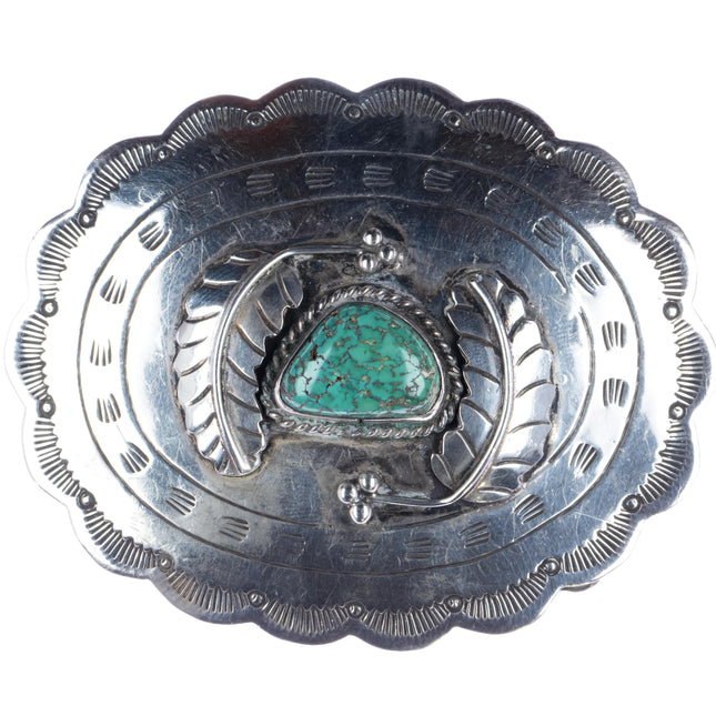 large Vintage Navajo sterling belt buckle with nice green center turquoise