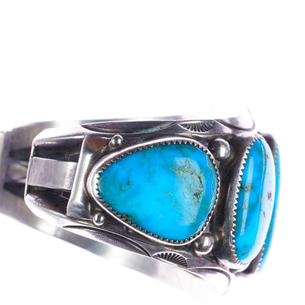 7.5" Orville Tsinnie Navajo silver Blue Gem Turquoise row cuff bracelet - Estate Fresh Austin