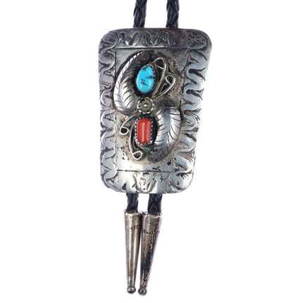 c1970 Navajo sterling turquoise, and coral feather design bolo tie - Estate Fresh Austin