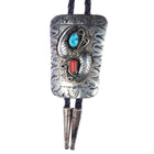 c1970 Navajo sterling turquoise, and coral feather design bolo tie - Estate Fresh Austin