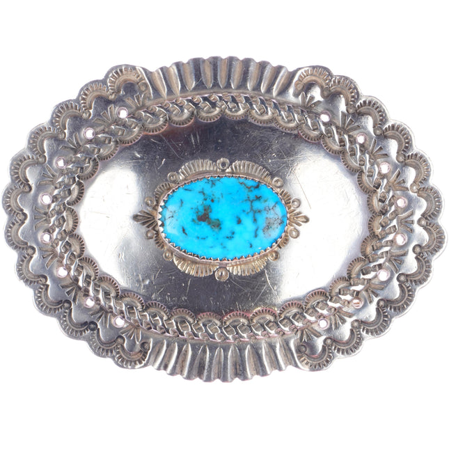 Vintage Native American heavily stamped silver belt buckle with turquoise