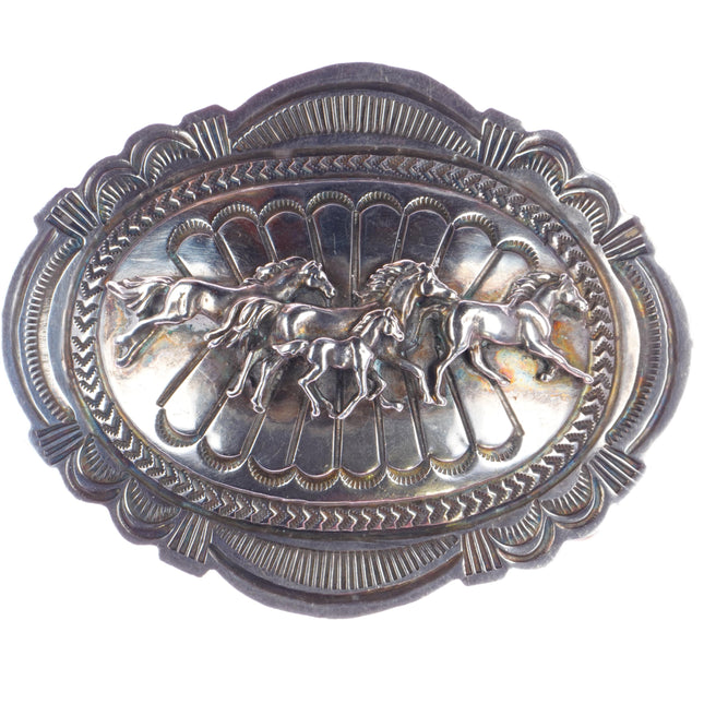 Carson Blackgoat Navajo sterling belt buckle with wild horses