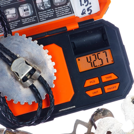 Large c1960 c-31 Zuni silver inlay turquoise snake eye border bolo tie - Estate Fresh Austin