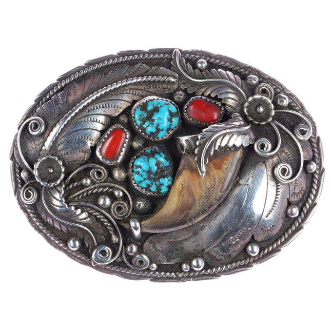 Vintage SC Navajo sterling, turquoise/coral belt buckle w/faux claw