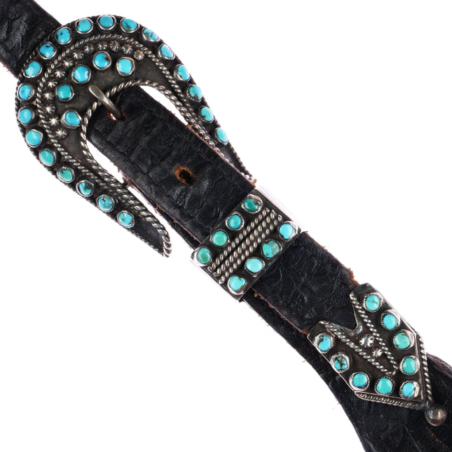 Early Zuni silver snake eye turquoise 3/4" ranger belt buckle set on 32" belt