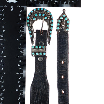 Early Zuni silver snake eye turquoise 3/4" ranger belt buckle set on 32" belt - Estate Fresh Austin