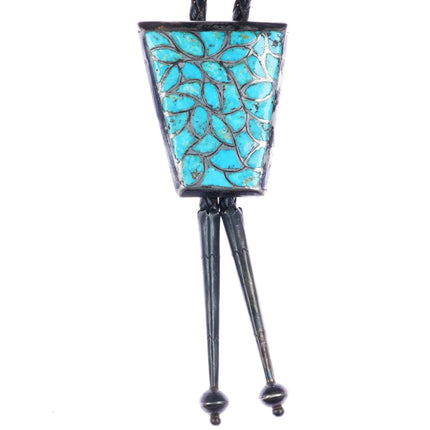 c1960 c-31 Alice Leekya Homer Zuni sterling turquoise fishscale inlay bolo tie - Estate Fresh Austin