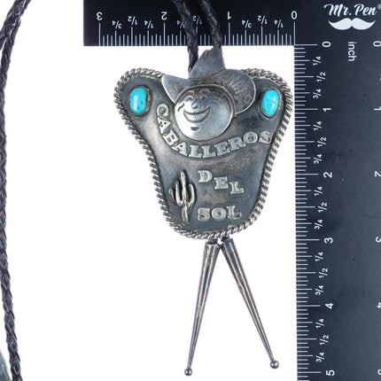 c1970 Frank Patania jr "Caballeros del Sol" Sterling/turquoise bolo tie - Estate Fresh Austin