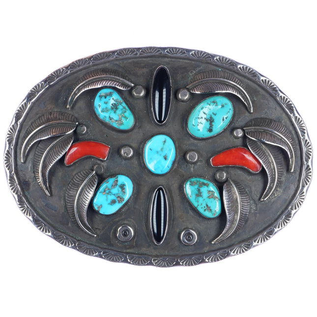 Large Vintage ERY Navajo silver, turquoise, coral, jet sterling belt buckle