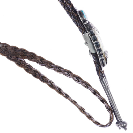 Ramone Platero - Carl Luthey sterling carved mother of pearl turquoise bolo tie - Estate Fresh Austin