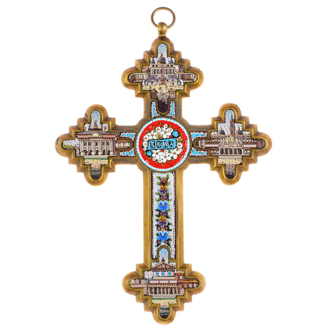 c1900 Antique Italian Grand Tour gilt Bronze Micromosaic cross - Estate Fresh Austin