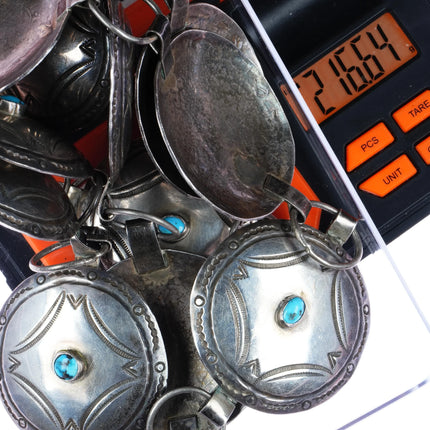 30's-40's Navajo large silver link concho belt with nice stampings and turquoise - Estate Fresh Austin