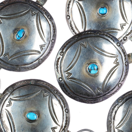 30's-40's Navajo large silver link concho belt with nice stampings and turquoise - Estate Fresh Austin