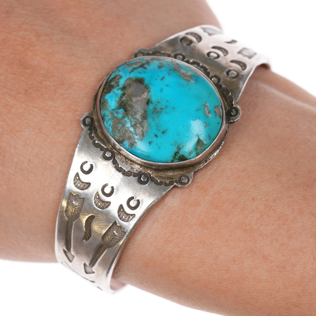 6" 30's-40's Navajo silver and turquoise arrow stamped cuff bracelet - Estate Fresh Austin