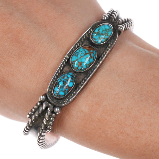 6.5" 1940's Lone Mountain turquoise sterling navajo twisted silver cuff bracelet - Estate Fresh Austin