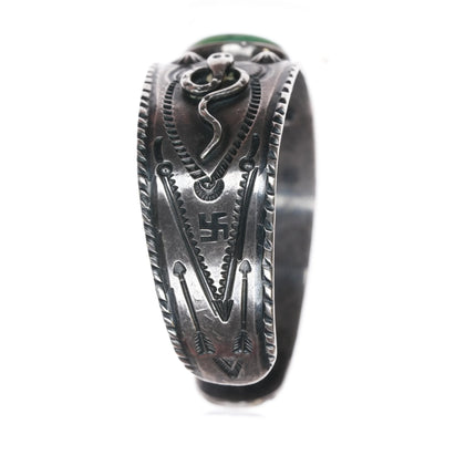 7" 1930's Navajo Fred Harvey Whirling Logs Snakes green turquoise cuff bracelet