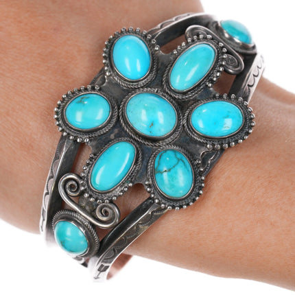 6.625" 1930's Navajo ingot silver turquoise cluster cuff bracelet F Peshlakai? - Estate Fresh Austin
