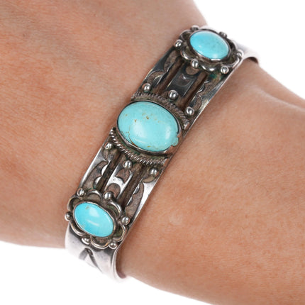6" 30's-40's Navajo silver 3 stone nicely stamped cuff bracelet - Estate Fresh Austin