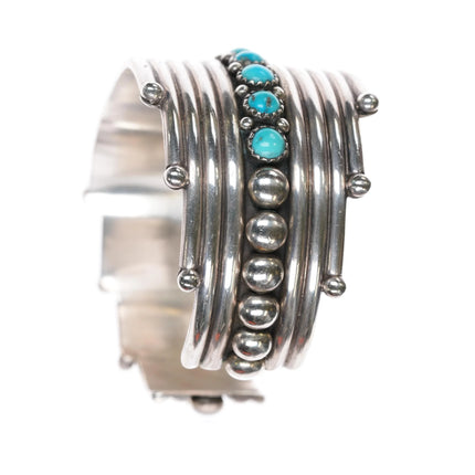 6.625" Billy Betoney Navajo silver modernist Kingman turquoise row cuff bracelet - Estate Fresh Austin