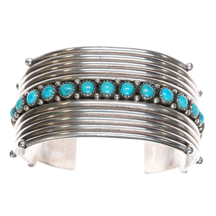 6.625" Billy Betoney Navajo silver modernist Kingman turquoise row cuff bracelet - Estate Fresh Austin