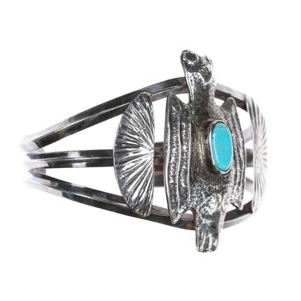 7" Leo Coriz (1913-1997) Santo Domingo Pueblo tufa cast silver and turquoise cuff bracelet - Estate Fresh Austin