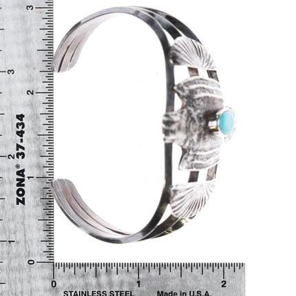 7" Leo Coriz (1913-1997) Santo Domingo Pueblo tufa cast silver and turquoise cuff bracelet - Estate Fresh Austin