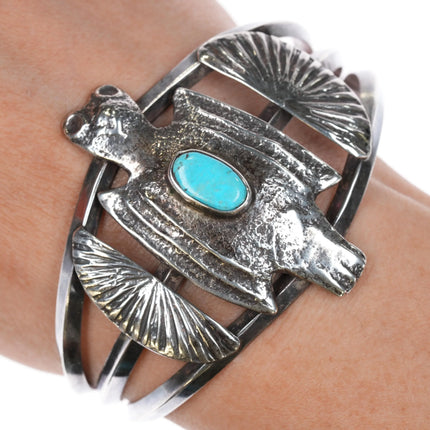 7" Leo Coriz (1913-1997) Santo Domingo Pueblo tufa cast silver and turquoise cuff bracelet - Estate Fresh Austin