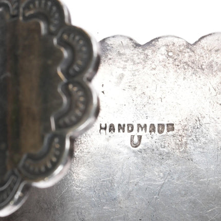 7" Vintage U Navajo silver Nevada turquoise cuff bracelet hand stamped border - Estate Fresh Austin