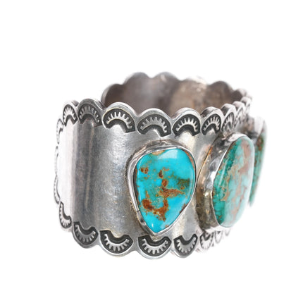 7" Vintage U Navajo silver Nevada turquoise cuff bracelet hand stamped border - Estate Fresh Austin