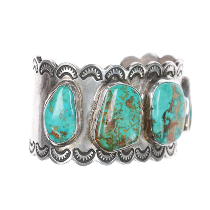 7" Vintage U Navajo silver Nevada turquoise cuff bracelet hand stamped border - Estate Fresh Austin