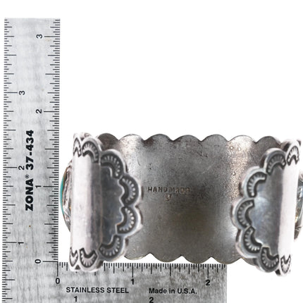 7" Vintage U Navajo silver Nevada turquoise cuff bracelet hand stamped border - Estate Fresh Austin