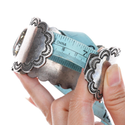 7" Vintage U Navajo silver Nevada turquoise cuff bracelet hand stamped border - Estate Fresh Austin
