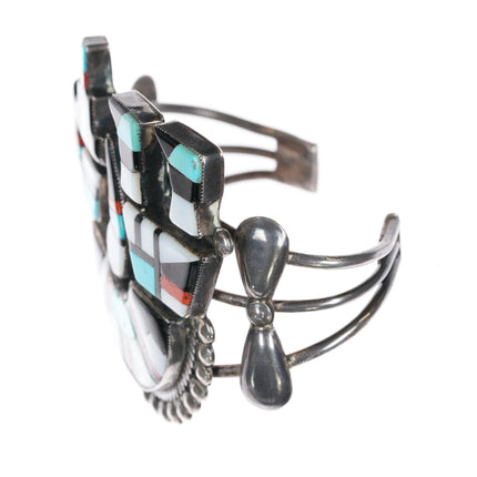 6.5" 50's-60's Zuni Rainbow Man silver cuff bracelet coral, turquoise, shell - Estate Fresh Austin