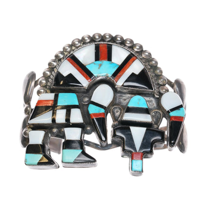 6.5" 50's-60's Zuni Rainbow Man silver cuff bracelet coral, turquoise, shell - Estate Fresh Austin