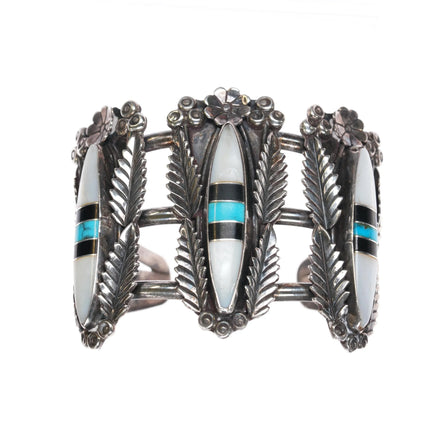 6.25" Vintage Zuni large silver three row channel inlay cuff bracelet - Estate Fresh Austin