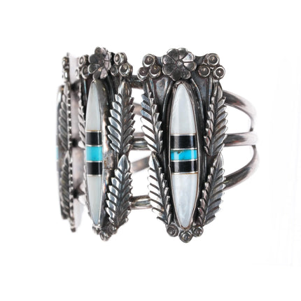 6.25" Vintage Zuni large silver three row channel inlay cuff bracelet - Estate Fresh Austin