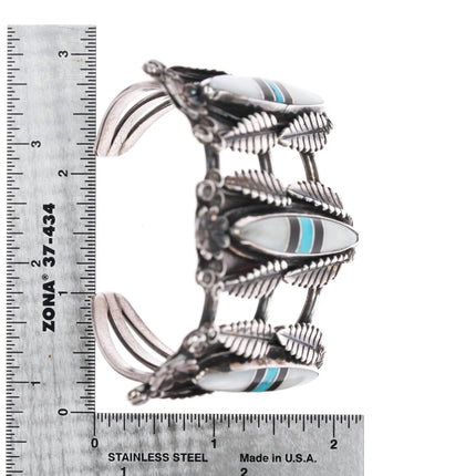 6.25" Vintage Zuni large silver three row channel inlay cuff bracelet - Estate Fresh Austin