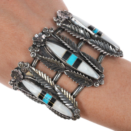 6.25" Vintage Zuni large silver three row channel inlay cuff bracelet - Estate Fresh Austin