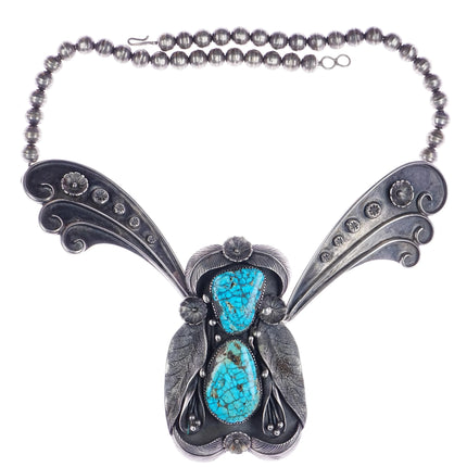 Huge 1970's Navajo silver spiderweb turquoise butterfly bib necklace - Estate Fresh Austin
