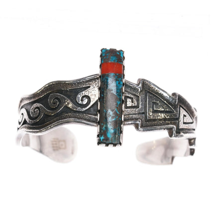6.25" Gerald (Honwytewa) Lomaventema Hopi Overlay cuff bracelet turquoise/coral - Estate Fresh Austin