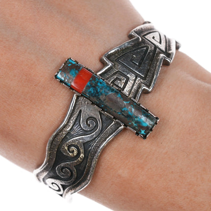 6.25" Gerald (Honwytewa) Lomaventema Hopi Overlay cuff bracelet turquoise/coral - Estate Fresh Austin