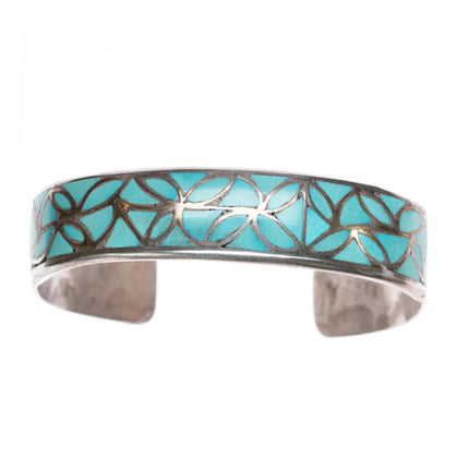 7" Hechilay Zuni sterling fishscale channel inlay turquoise cuff bracelet - Estate Fresh Austin